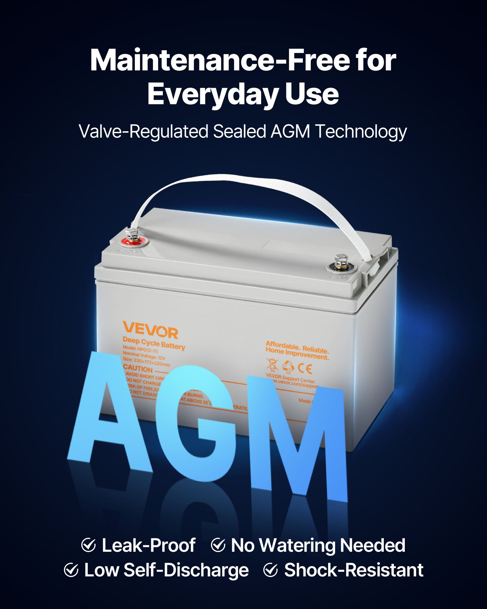 12V 75Ah Deep Cycle Battery Sealed AGM Rechargeable Lead Acid Battery Mobility