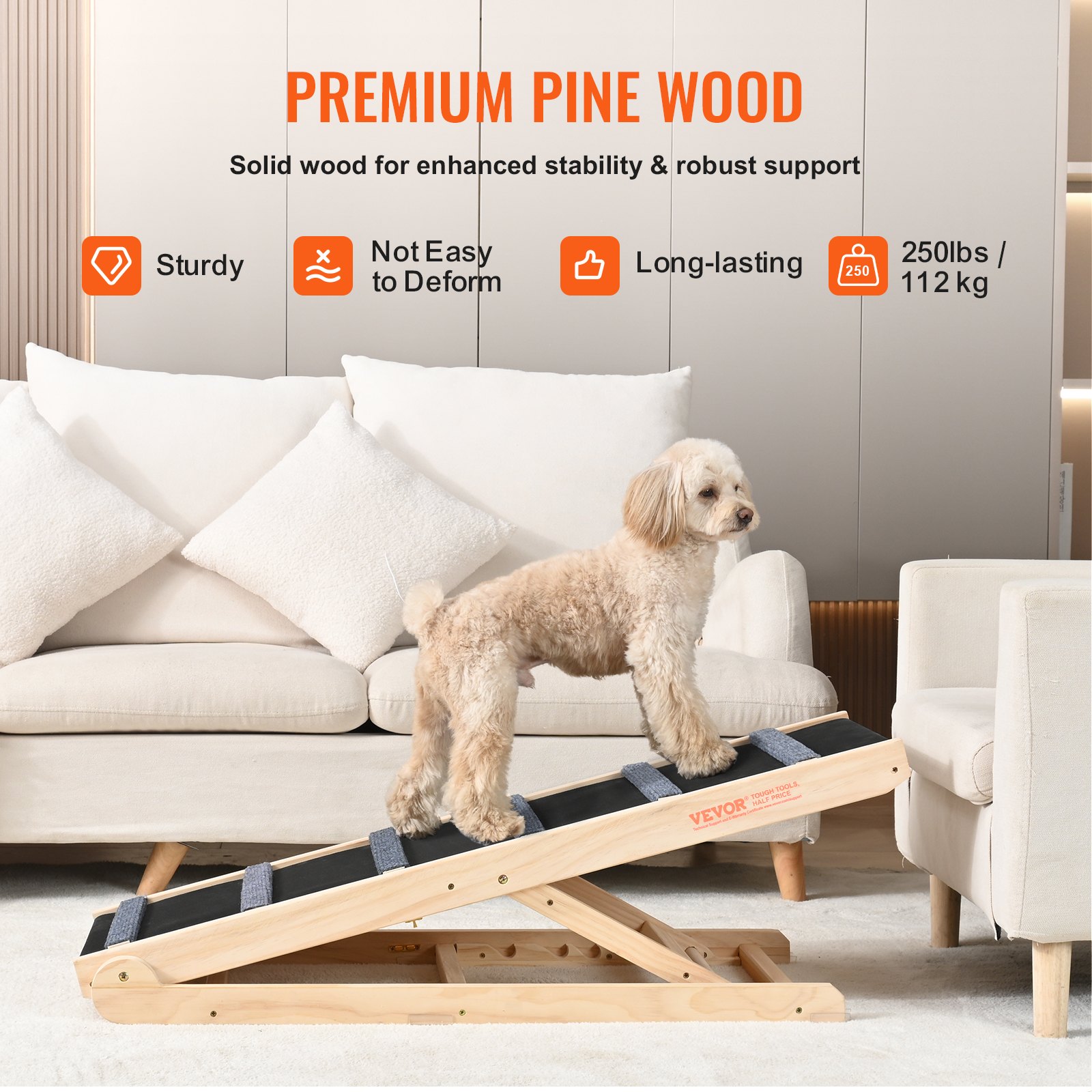 Dog Ramp, Folding Pet Ramp For Bed, Adjustable Dog Ramp For Small, Large, Old Dogs & Cats, Wooden Pet Ramp With 41.3' Long Ramp, Adjustable From 13.77' To 25.59', Suitable For Couch, Sofa, Ca