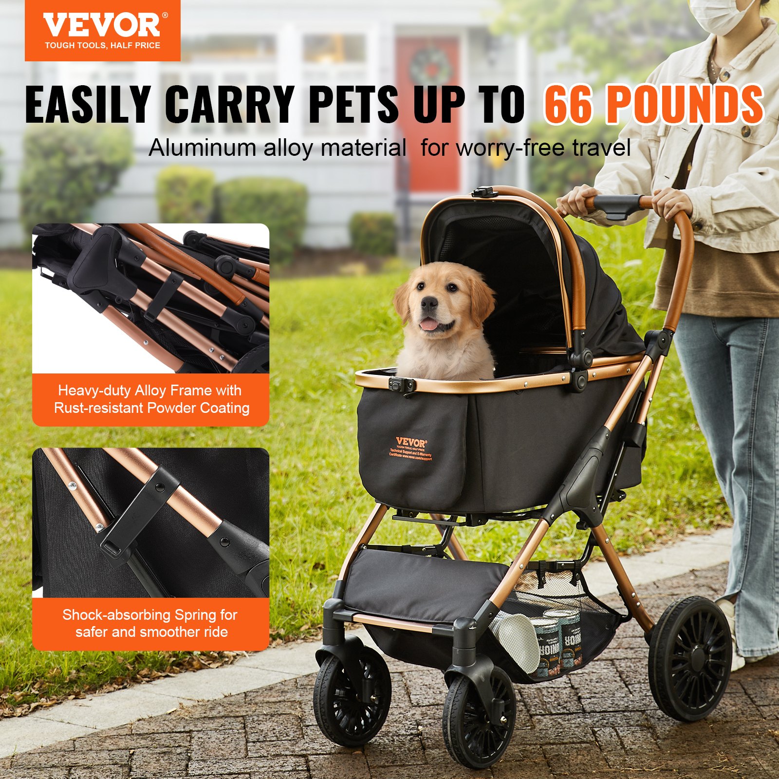 Pet Stroller, 4 Wheels Dog Stroller Rotate With Brakes, 66 Lbs Weight Capacity, Puppy Stroller With Detachable Carrier, Storage Basket And Pet Pad, For Small To Medium Sized Dogs, Black