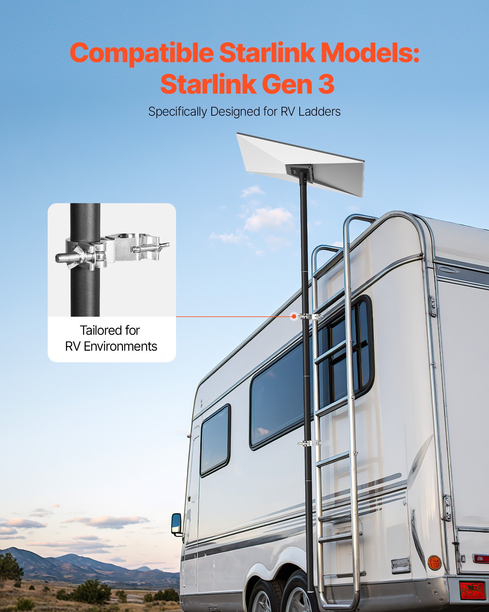 Starlink RV Ladder Mount 360°Adjustable Extra Long Starlink For Gen 3 4