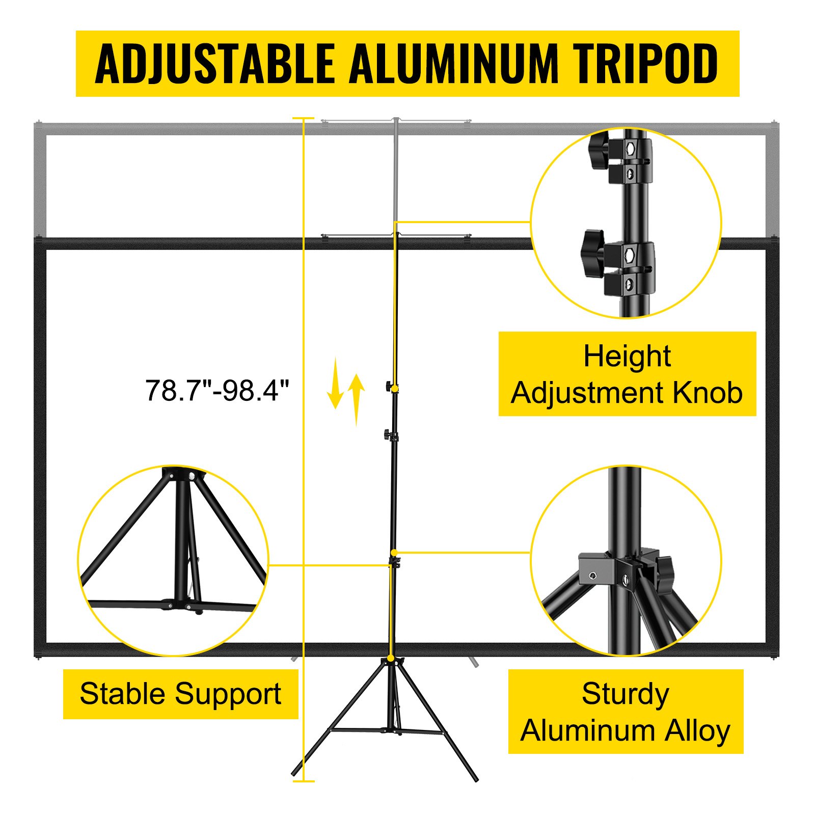 Tripod Projector Screen With Stand 80 Inch 16:9 4K HD Projection Screen Stand Wrinkle-Free Height Adjustable Portable Screen For Projector Indoor & Outdoor For Movie, Home Cinema, Gaming, Office