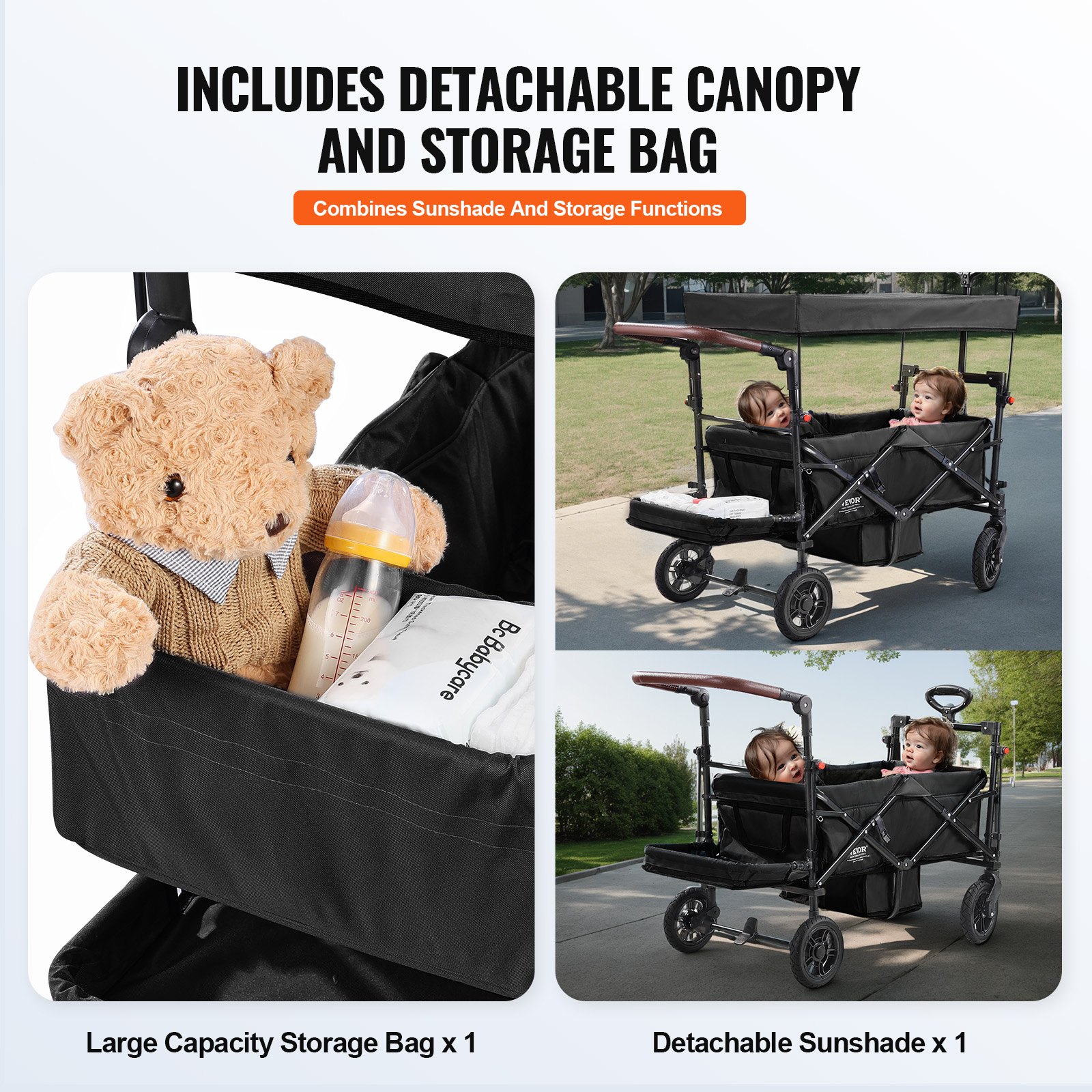Wagon Stroller For 2 Kids, Push Pull Quad Collapsible Stroller With Adjustable Handle, Encircling Harness Removable Canopy, 4 Wheels With Brakes, Mutifunction Tandem Stroller For Camping Blac
