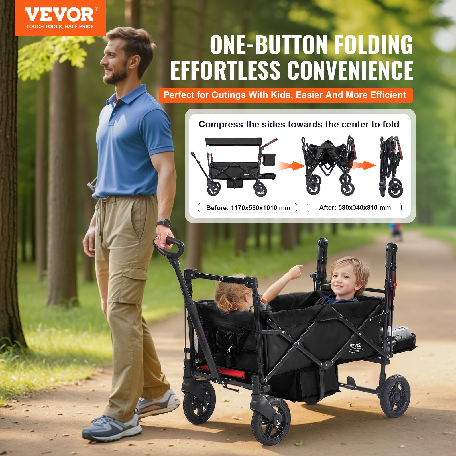 Wagon Stroller For 2 Kids, Push Pull Quad Collapsible Stroller With Adjustable Handle, Encircling Harness Removable Canopy, 4 Wheels With Brakes, Mutifunction Tandem Stroller For Camping Blac