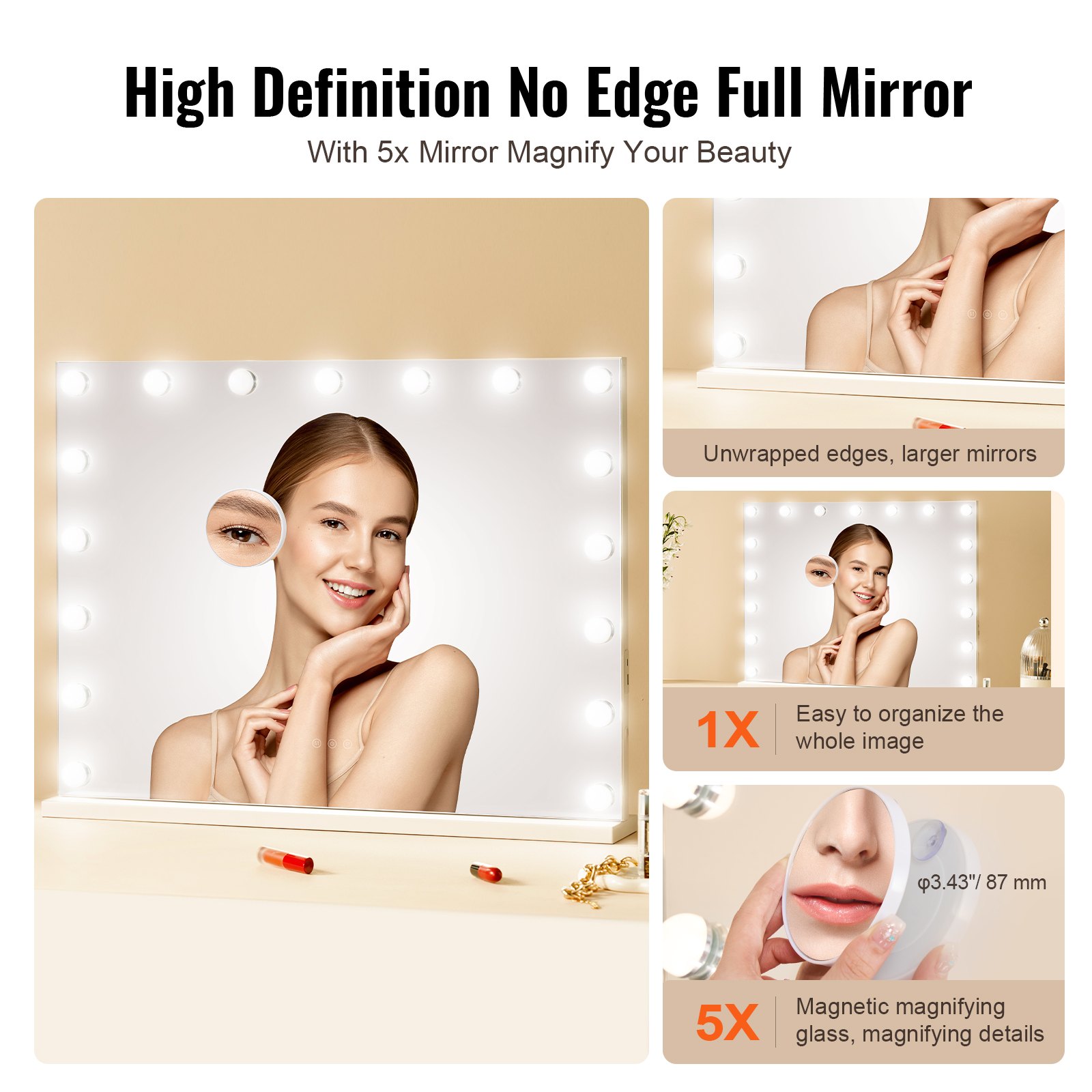 Hollywood Vanity Mirror With Lights W/ USB Type C Desktop Wallmount 23.6in