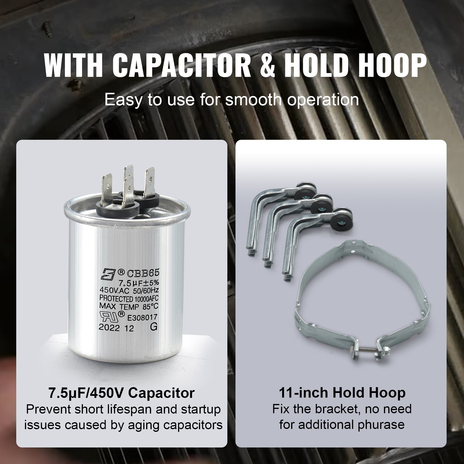 1/2HP Furnace Blower Motor, 208/230V 2.7Amps, 1075RPM 5 Speeds, CW/CCW Rotation, 48 Frame 3.4′ Shaft Length, 7.5μF/450V Capacitor + 11′ Hold Hoop