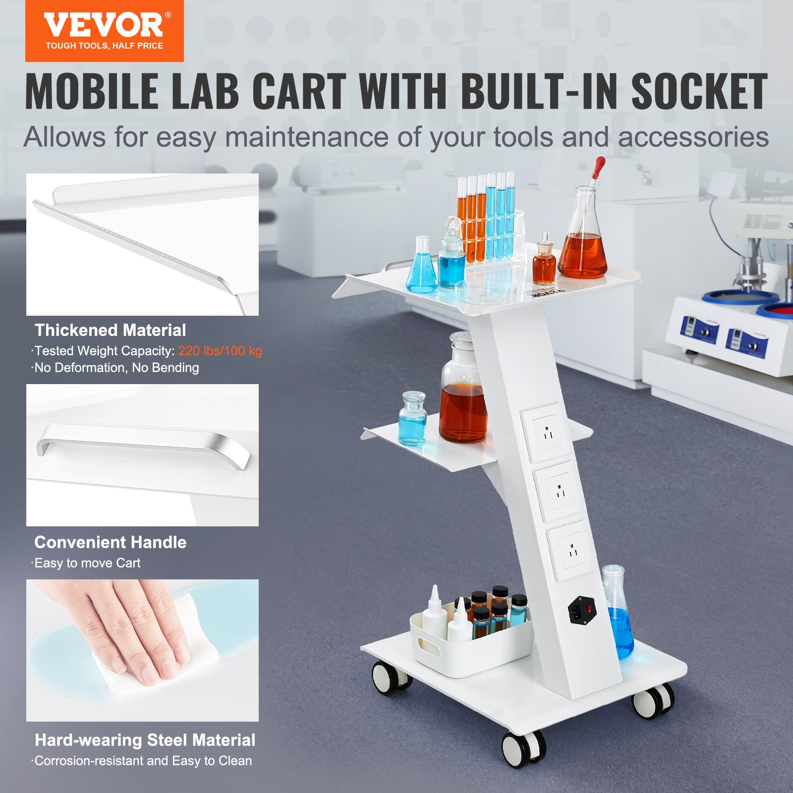 Lab Trolley, Rolling Lab Cart With Built-in Socket, 3-Layer Metal Mobile Trolley, Tray Rolling Clinic Cart With Swivel Wheels, 220 Lbs Weight Capacity, For Lab, Clinic, Beauty And Salon