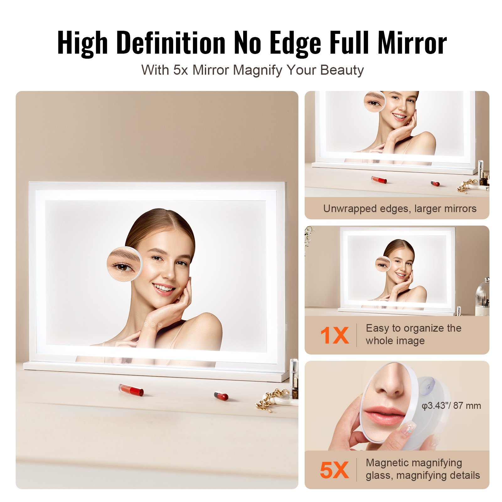 Lighted Makeup Mirror 3 Color Vanity W/ USB Desktop Wall-mount 31.5×21.7in