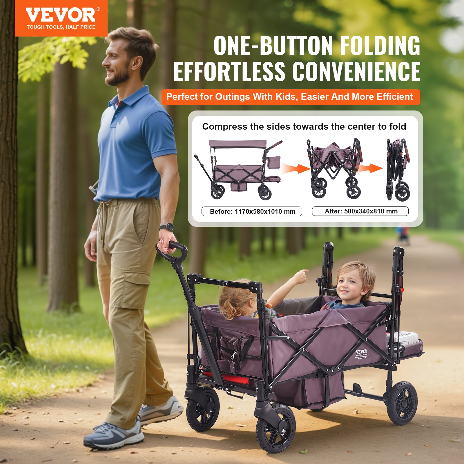 Wagon Stroller For 2 Kids, Push Pull Quad Collapsible Stroller With Adjustable Handle, Encircling Harness Removable Canopy,4 Wheels W/ Brakes,Mutifunction Tandem Stroller For Camping Dark Pur