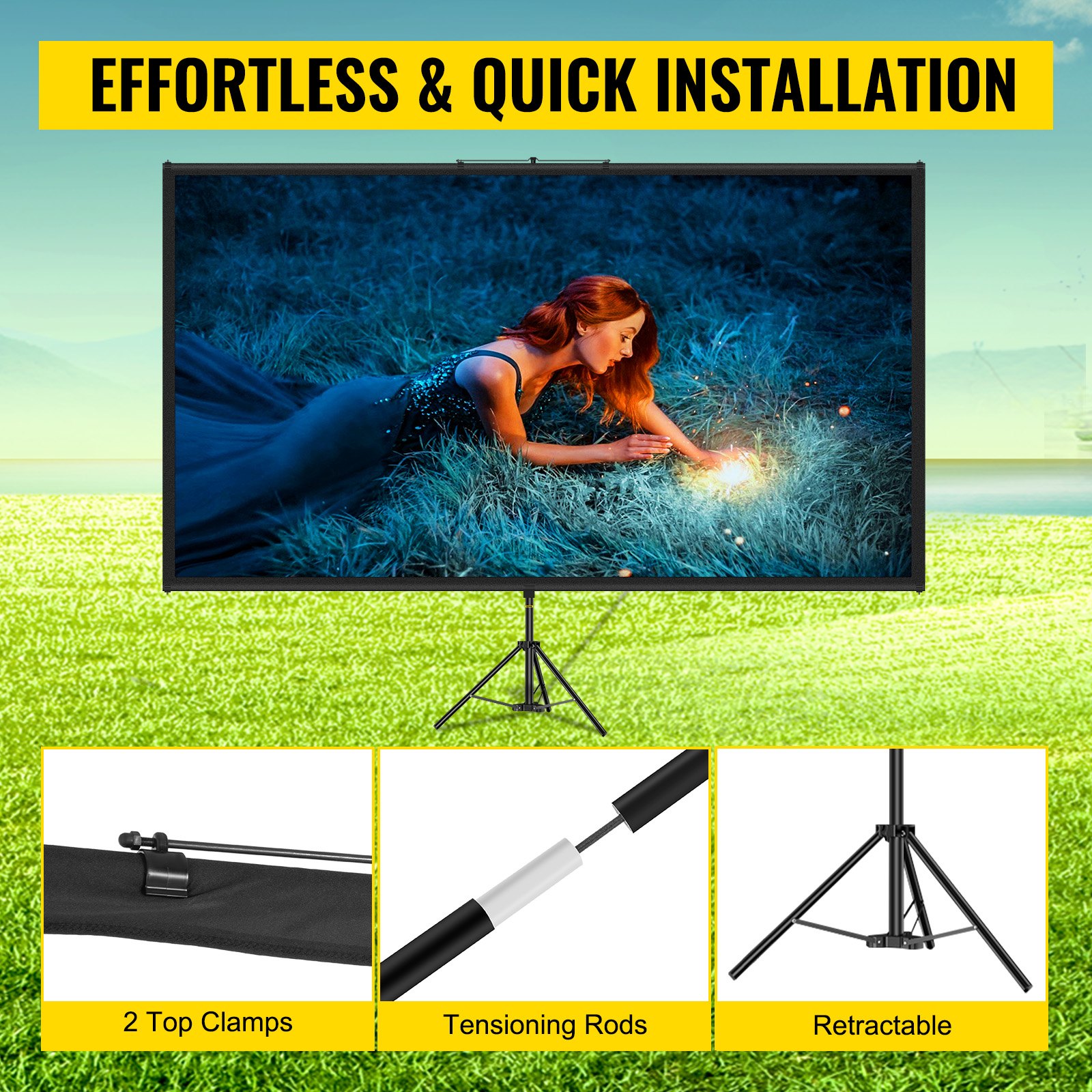 Tripod Projector Screen With Stand 80 Inch 16:9 4K HD Projection Screen Stand Wrinkle-Free Height Adjustable Portable Screen For Projector Indoor & Outdoor For Movie, Home Cinema, Gaming, Office