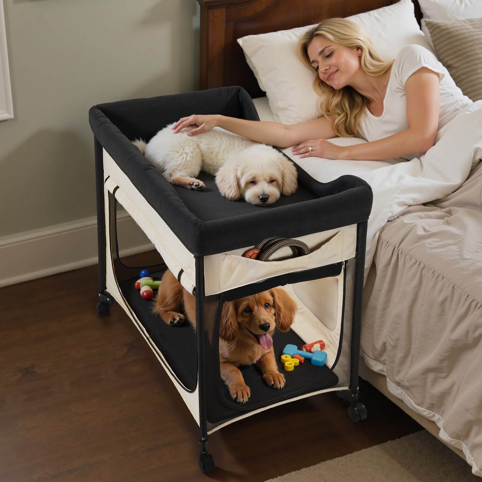 Elevated Lounge Pet Bed, Foldable Bunk Dog Bed With 600D Oxford Cloth And Dutch Velvet, Portable Raised Cot With Wheels, Side Storage Bags, And Car... Beige - Shop at LoveMi