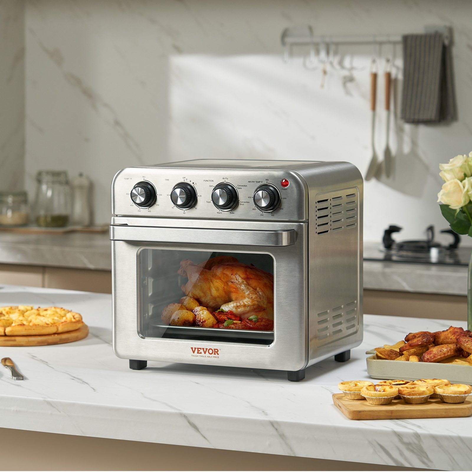7-IN-1 Air Fryer Toaster Oven, 18L Convection Oven, 1700W Stainless Steel Toaster Ovens Countertop Combo With Grill, Pizza Pan, Gloves, 6 Slices Toast