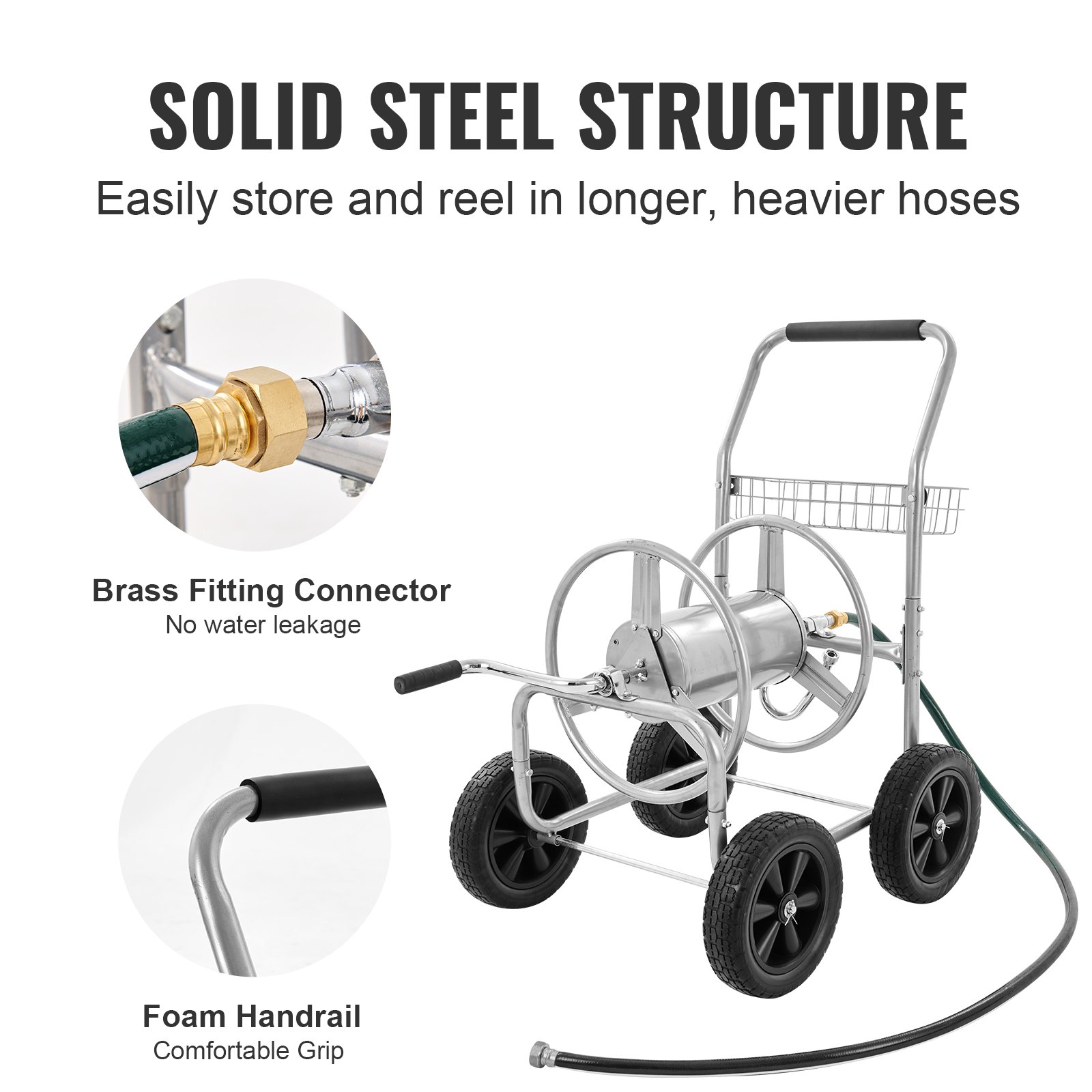 Hose Reel Cart, Hold Up To 300 Ft Of 5/8’’ Hose, Garden Water Hose Carts Mobile Tools With 4 Wheels, Heavy Duty Powder-coated Steel Outdoor Planting With Storage Basket, For Garden, Yard, Lawn image 3
