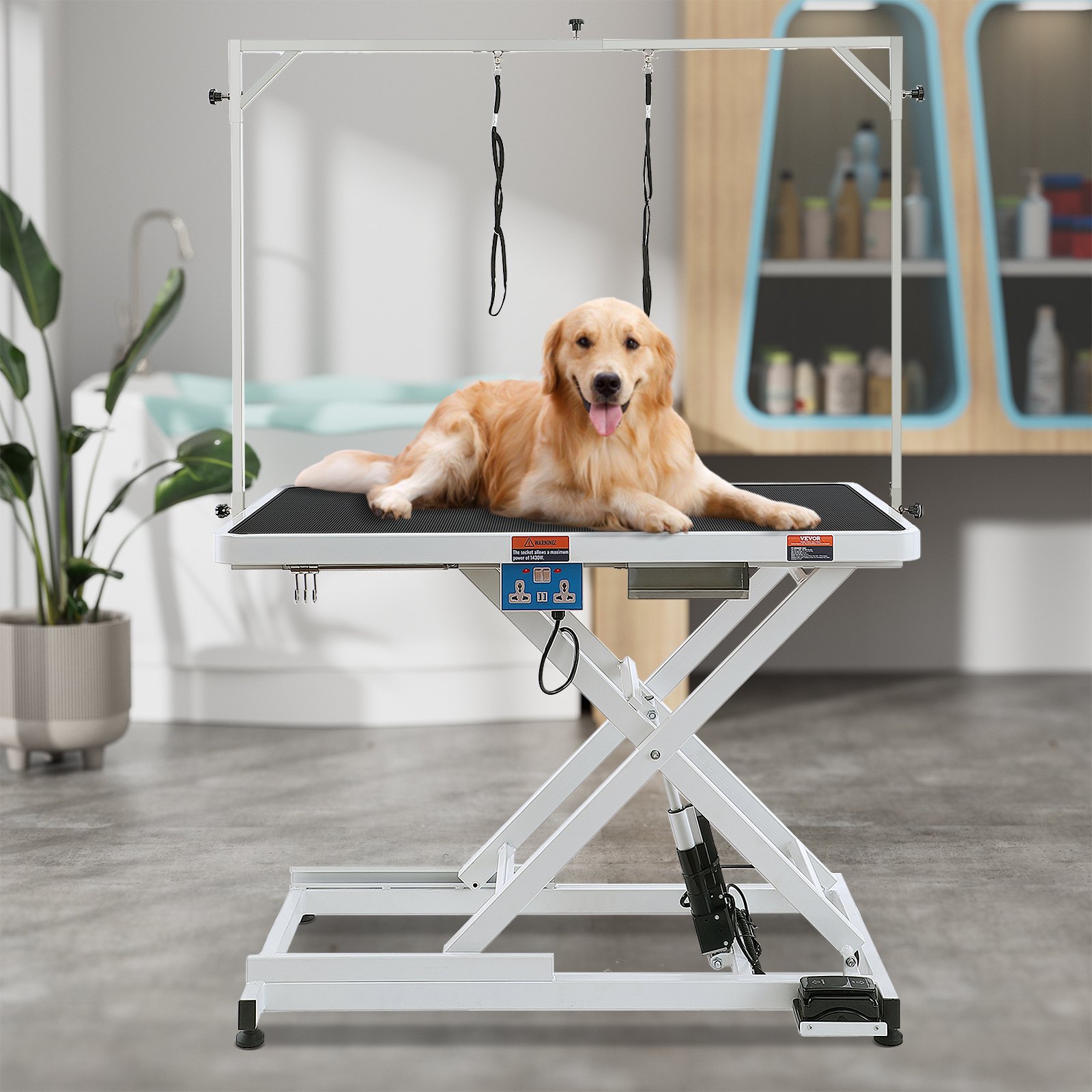 50′ Electric Pet Grooming Table, Heavy Duty Dog Grooming Arm For Large Dogs, Height Adjustable Dog Grooming Station, Anti Slip Tabletop/Dog Grooming Station, Max Bearing 400LBS – White