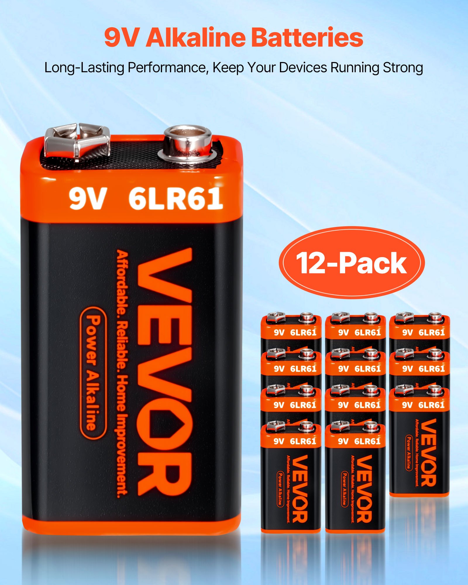 9V Alkaline Batteries 12-Pack 9 Volt Battery For Smoke Detector Long Lasting