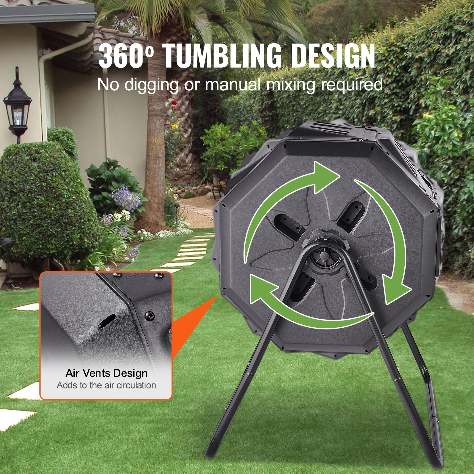 Compost Bin, 43-Gal Dual Chamber Composting Tumbler, Large Tumbling Rotating Composter With 2 Sliding Doors And Steel Frame, BPA Free Composter Bin Tumbler For Garden, Kitchen, Yard, Outdoor image 5