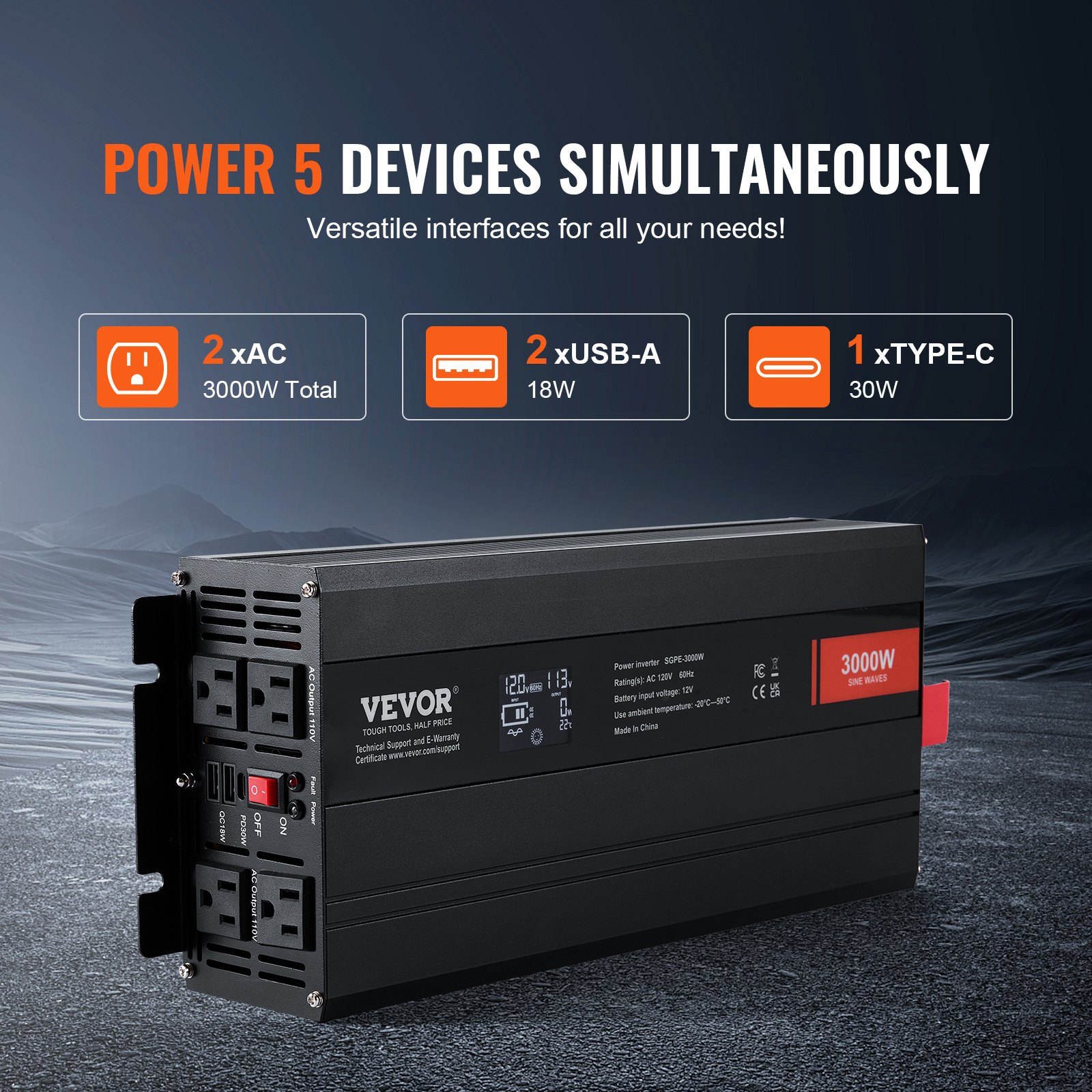 Pure Sine Wave Inverter, 3000 Watt, DC 12V To AC 120V Power Inverter With 2 AC Outlets 2 USB Port 1 Type-C Port, LCD Display And Remote Controller For Large Home Appliances, CE FCC Certified