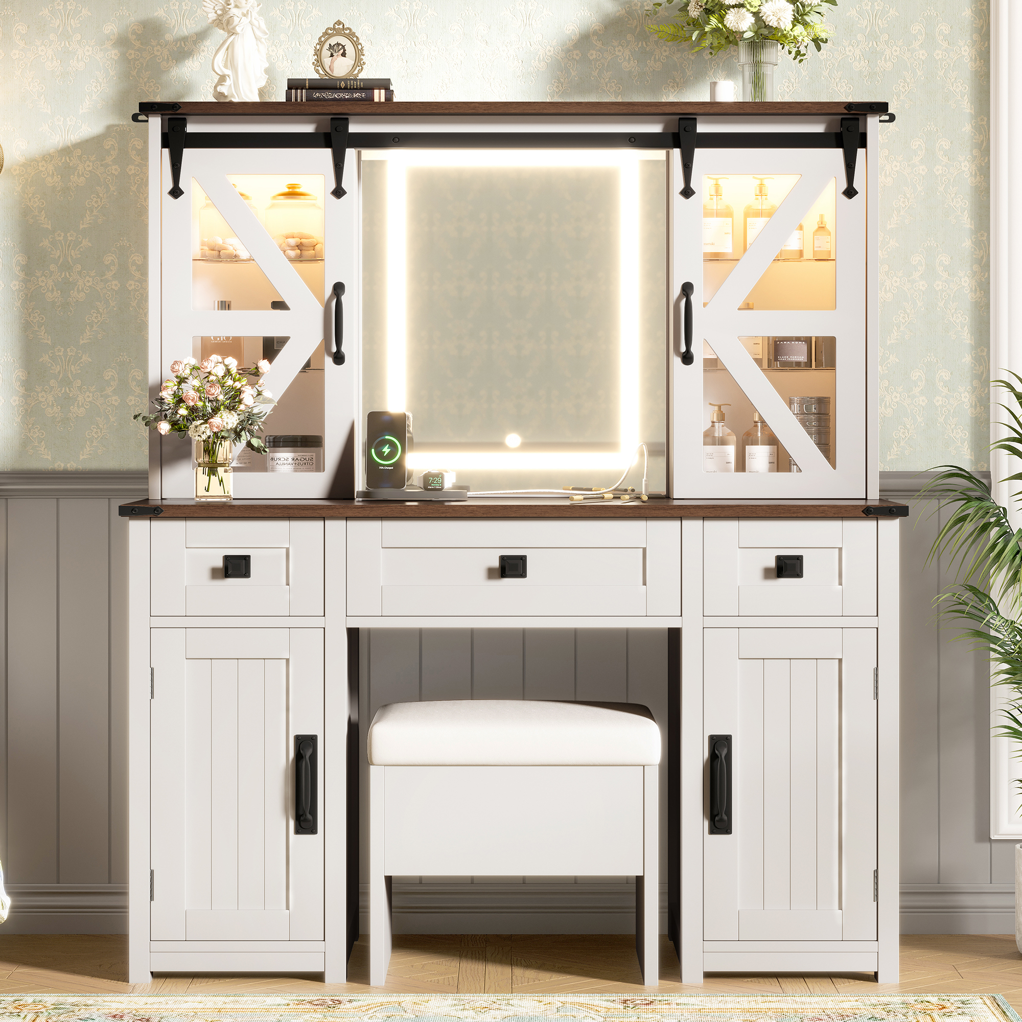 43.3 Farmhouse Makeup Vanity Desk With Lighted Mirror, Vanity Table Set With Storage Stool And Charging Station, Dressing Table With Sliding Barn Door Hidden Shelves & 3 Drawers & 4 Cabinets, Beige