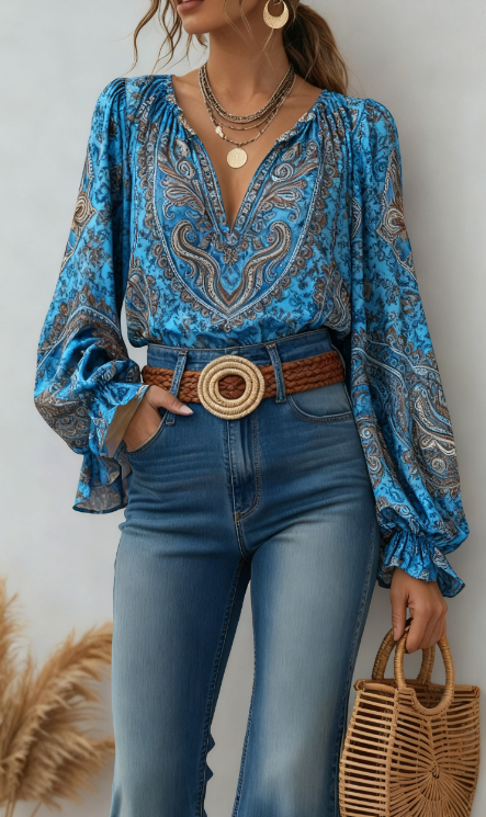 Printed Casual V-neck Bell Sleeve Long-sleeved Top