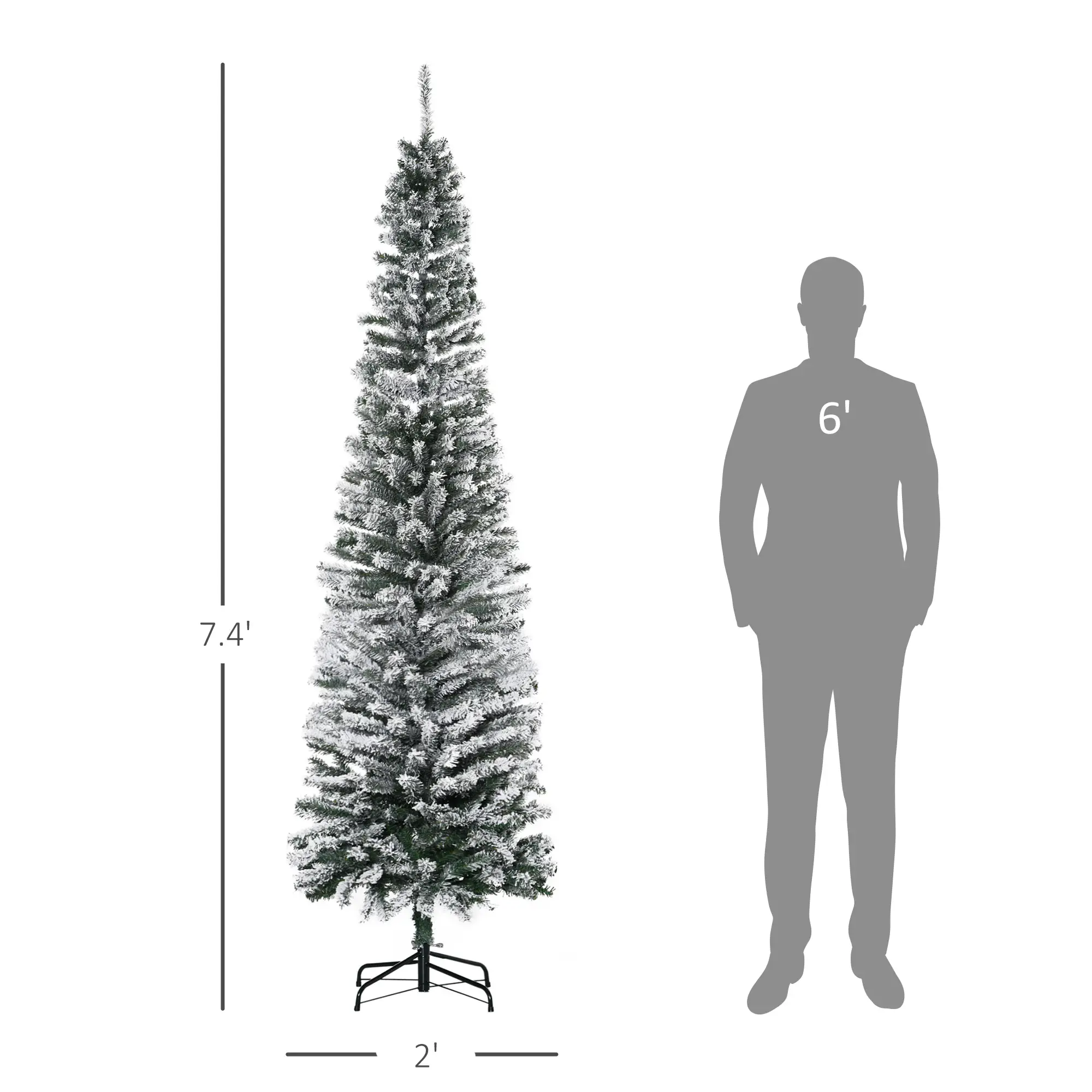 HOMCOM 7.5' Tall Unlit Snow-Flocked Slim Artificial Christmas Tree With Realistic Branches And 738 Tips