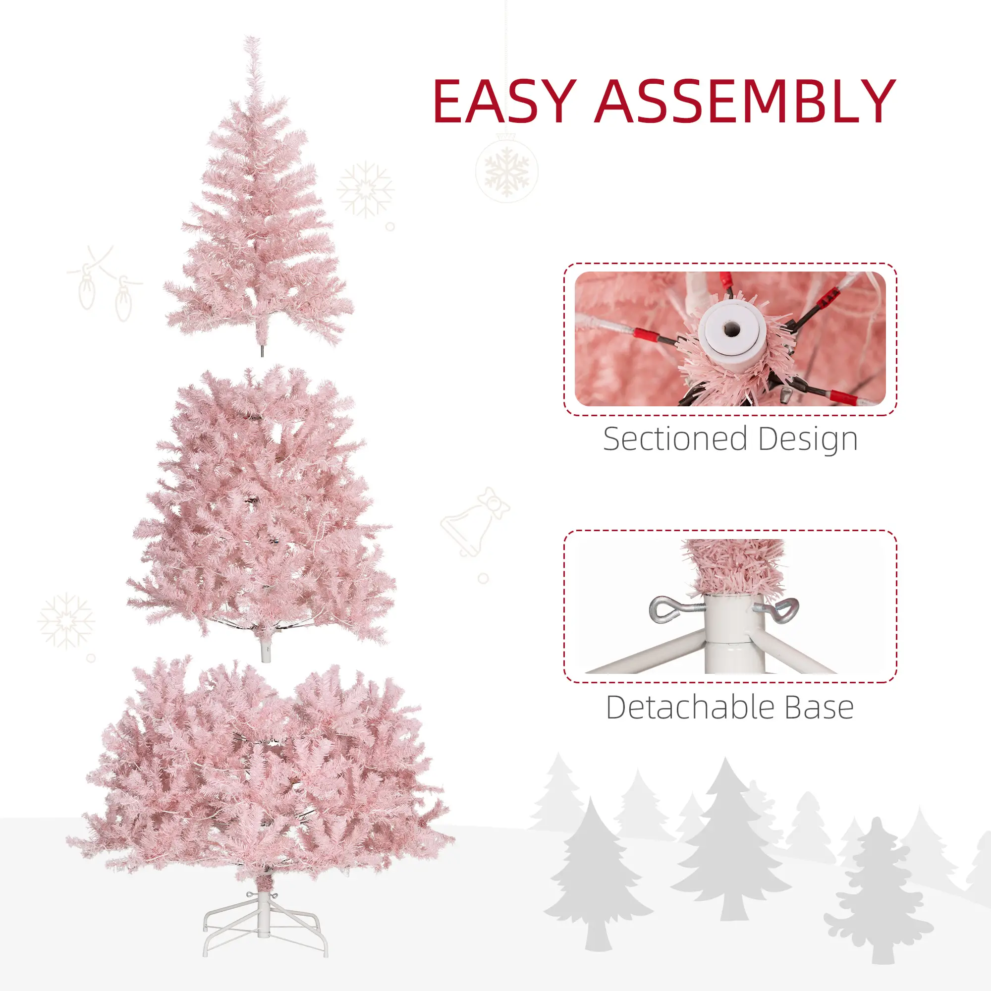 HOMCOM 7.5' Tall Prelit Christmas Tree Douglas Fir Artificial Christmas Tree With Realistic Branches, 500 Warm White LED Lights And 1346 Tips, Pink