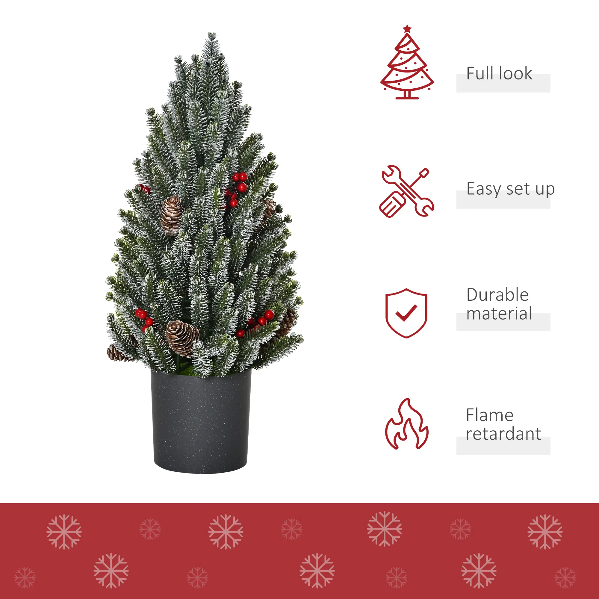 HOMCOM 18 Tall Unlit Miniature Snow-Flocked Tabletop Artificial Christmas Tree, Holiday Decoration With Pine Cones And Berries