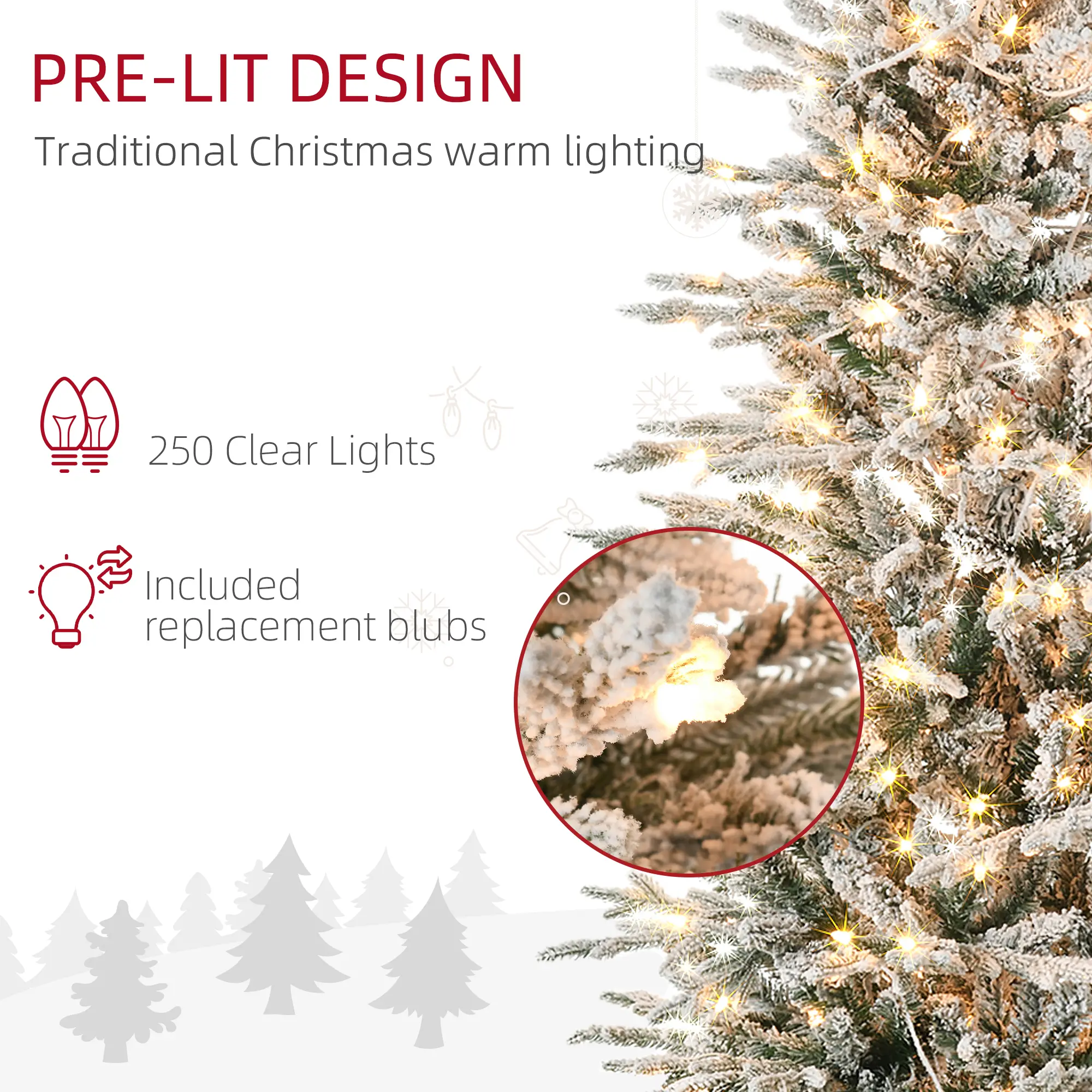 HOMCOM 6ft Tall Prelit Artificial Christmas Tree Holiday Decor With 636 Snow Flocked Branches, 250 Warm Yellow Clear Lights, Auto Open, Extra Bulb