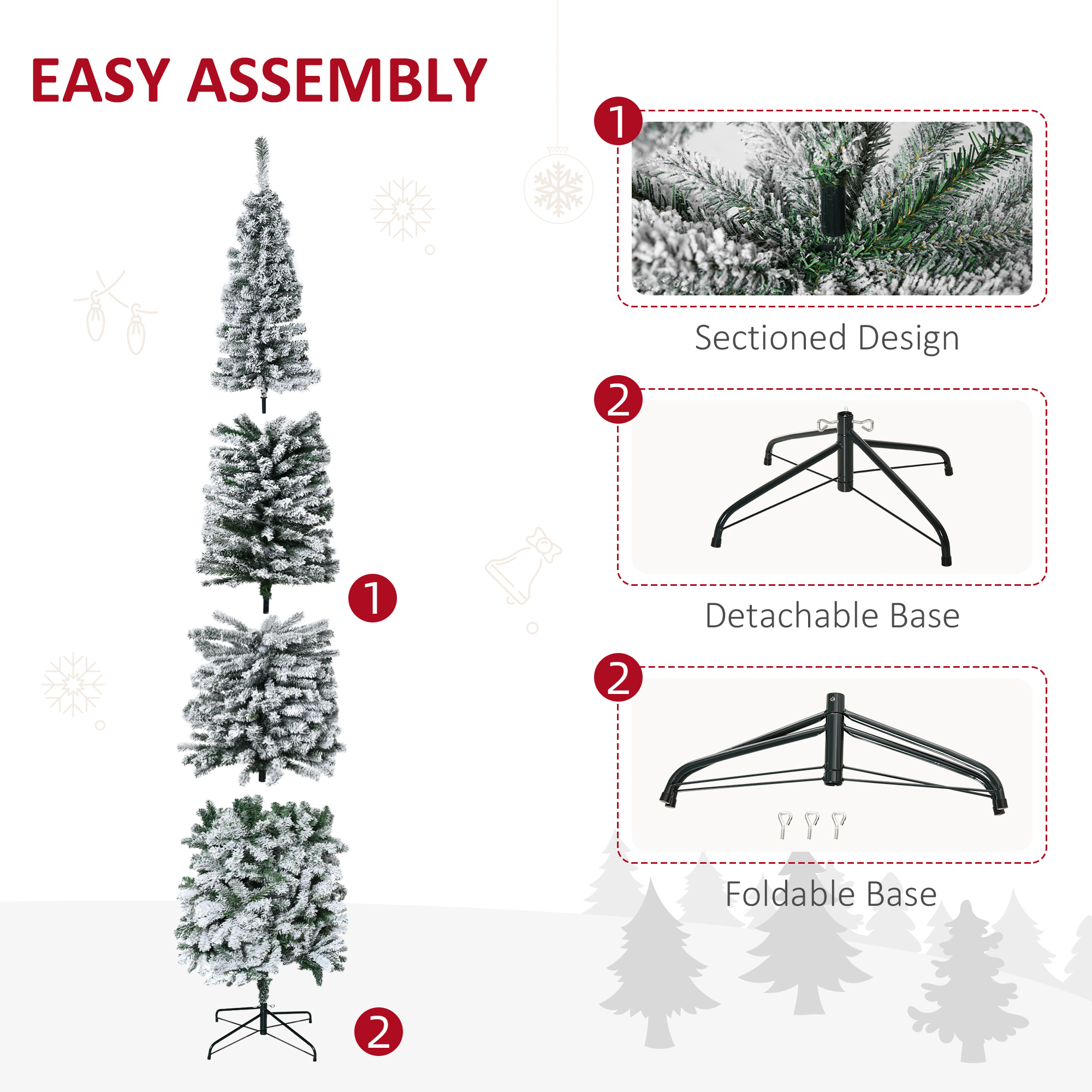 HOMCOM 9' Tall Unlit Snow-Flocked Slim Artificial Christmas Tree With Realistic Branches And 1014 Tips