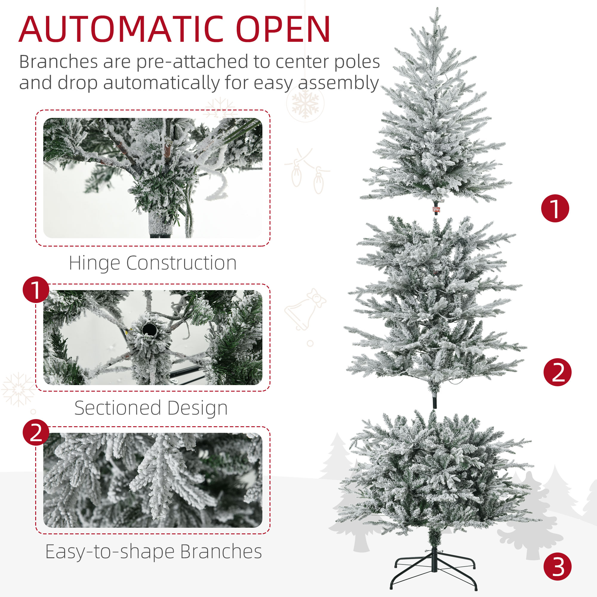 HOMCOM 7.5ft Tall Prelit Artificial Christmas Tree Holiday Decor With 850 Snow Flocked Branches, 350 Warm Yellow Clear Lights, Auto Open, Extra Bulb - Image 1