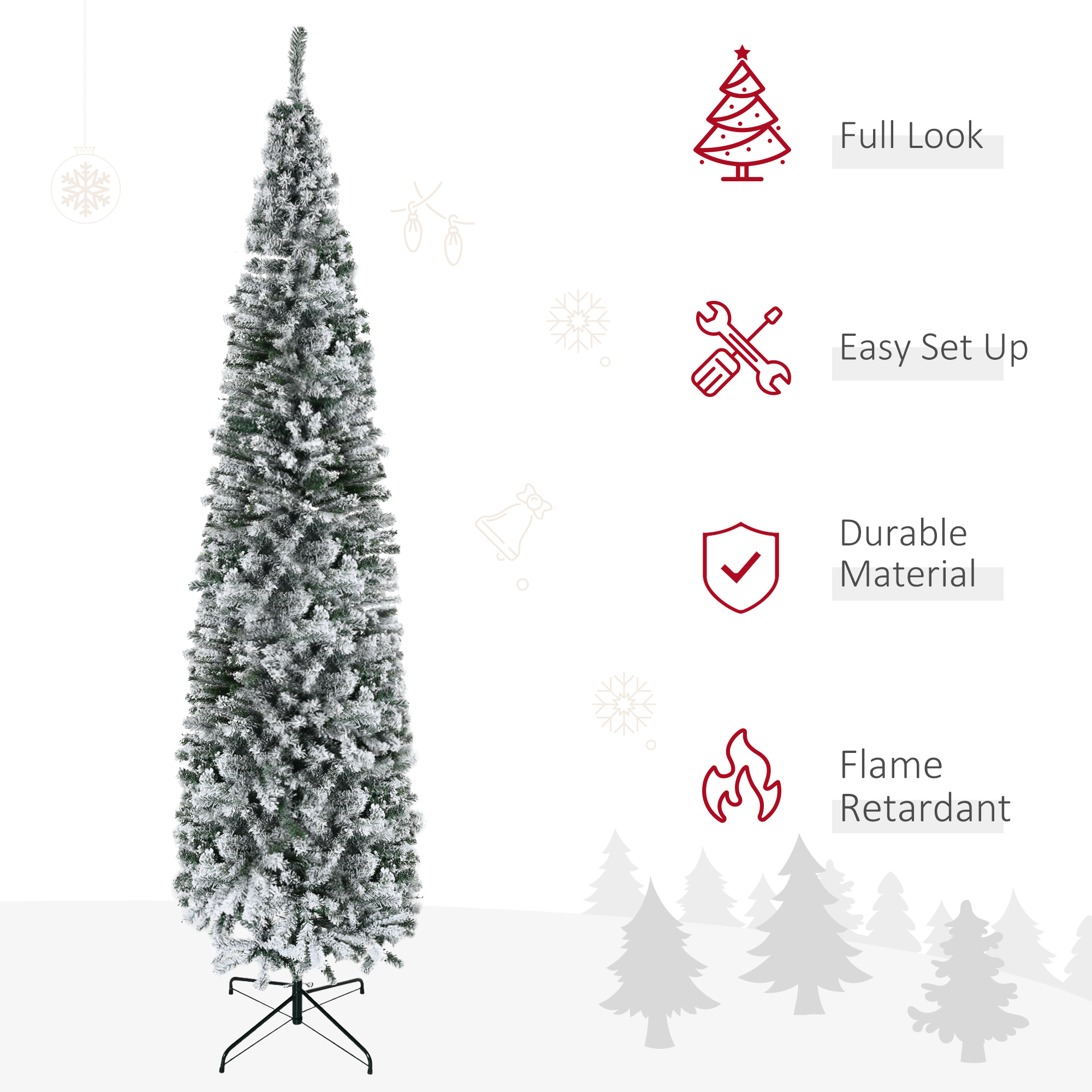 HOMCOM 9' Tall Unlit Snow-Flocked Slim Artificial Christmas Tree With Realistic Branches And 1014 Tips
