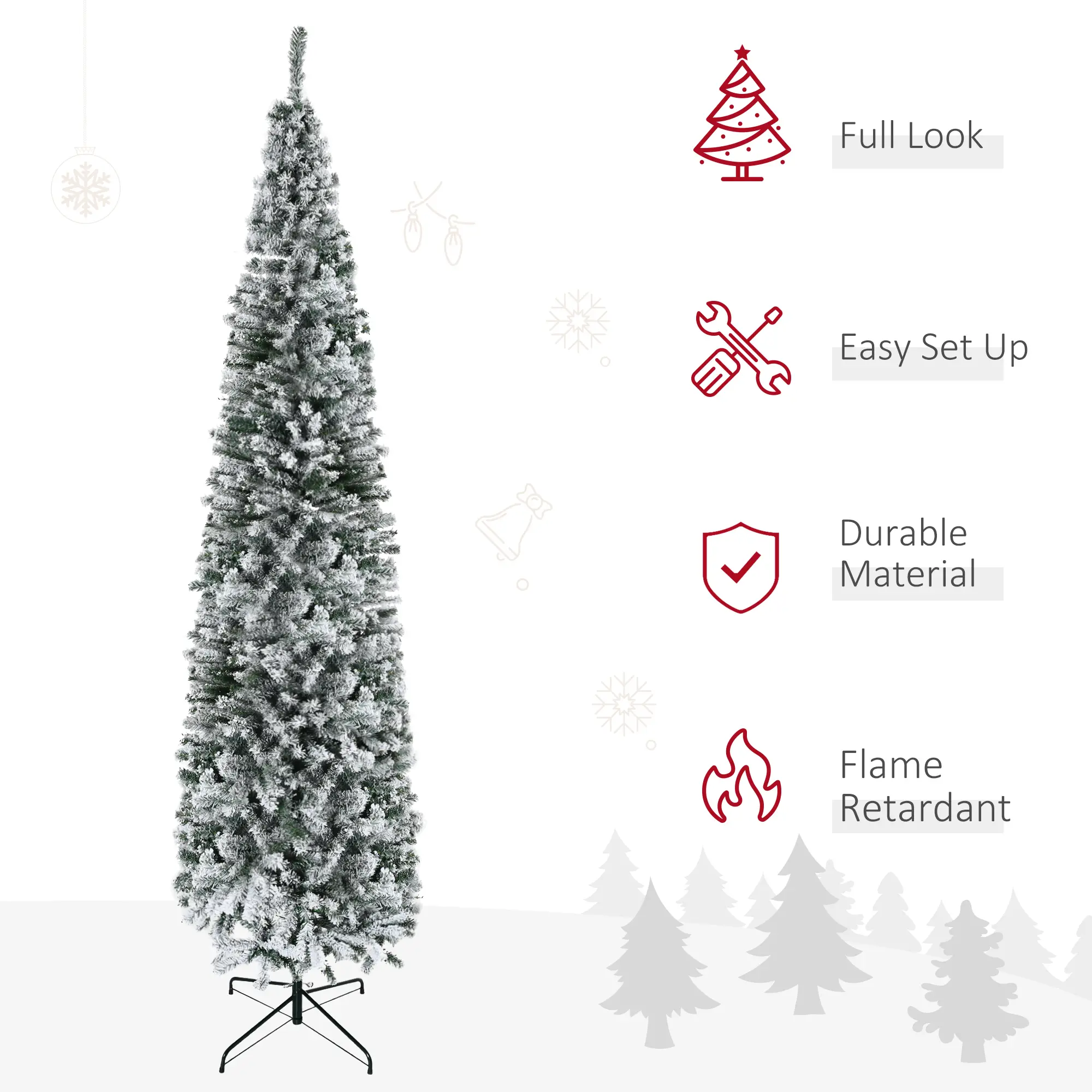 HOMCOM 9' Tall Unlit Snow-Flocked Slim Artificial Christmas Tree With Realistic Branches And 1014 Tips