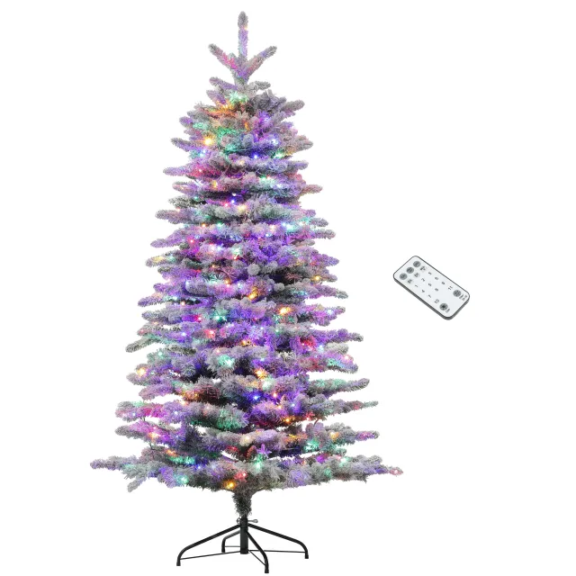 HOMCOM 6.5 Ft Pre Lit Mountain Pine Artificial Christmas Tree, Snow Flocked Christmas Tree, Hinged Xmas Tree With 400 LED Lights And 990 Branch Tip... Green - Shop at LoveMi