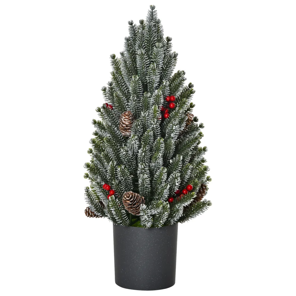 HOMCOM 18 Tall Unlit Miniature Snow-Flocked Tabletop Artificial Christmas Tree, Holiday Decoration With Pine Cones And Berries - Green