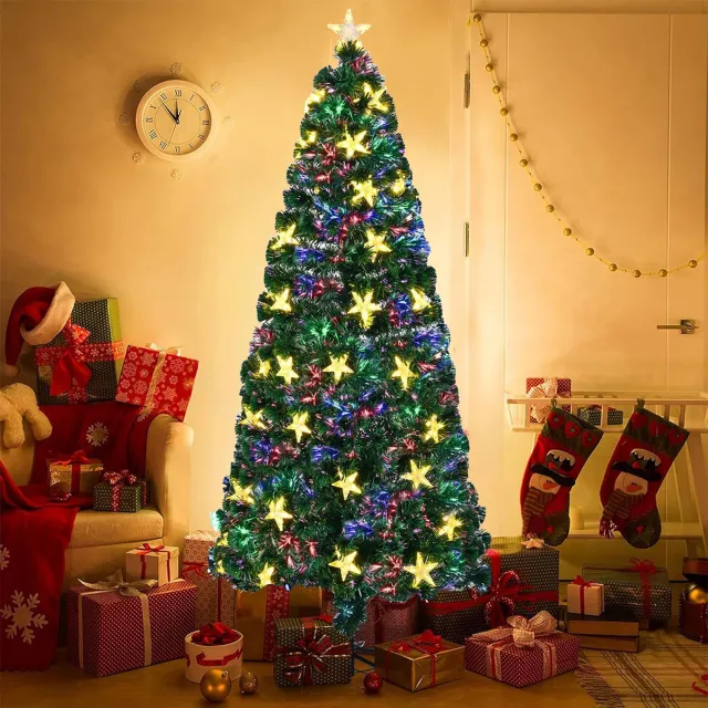 6FT Pre lit Fiber Optic Christmas Tree With Large Stars, Artificial Chritsmas Tree Spruce Tree Color Changing Optical Fiber Lights,with Metal Stand... Green - Shop at LoveMi