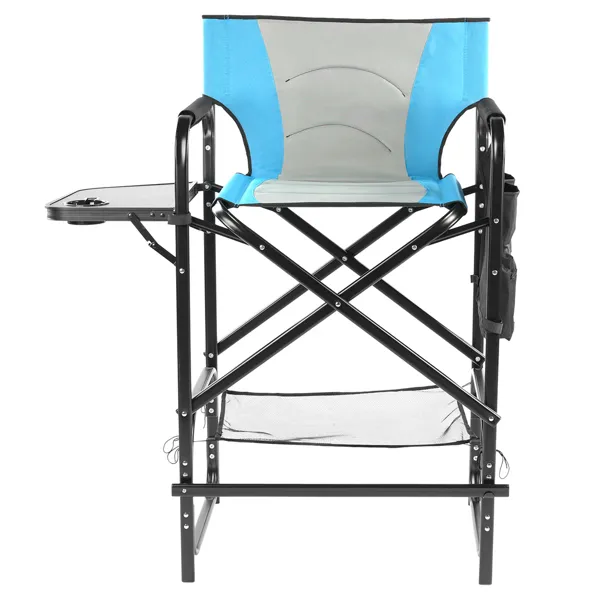 31″ Tall Directors Chair With Footrest, 4Portable Bar Height Folding Camping Chair With Built-in Cup Holder, Side Table, Storage Pocket, Blue & Gray