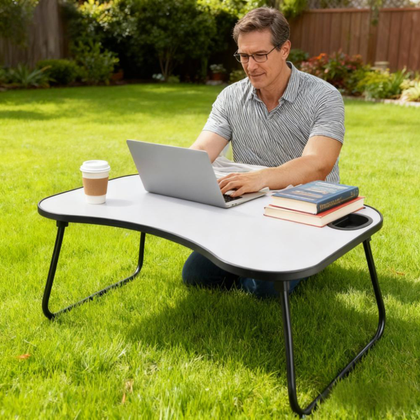 Portable Laptop Desk, Gray And White Matte Metal And Wood Construction, Foldable Design With Cup Holder, 26.5 X 18.5 Inches, For Bed, Car, Couch, Home & Outdoor Use (Grey+White Matte)