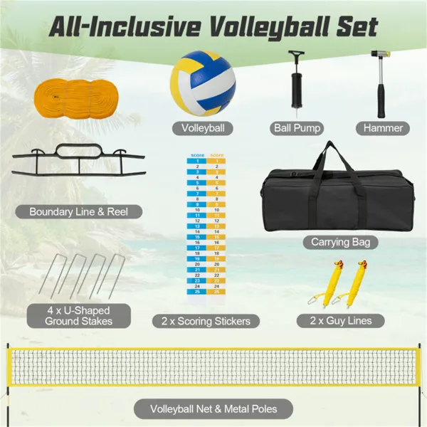32'x3' Heavy-Duty Volleyball Net Set - 3-Level Adjustable Poles, Anti-Sag Winch, All-Inclusive Accessories-Yellow