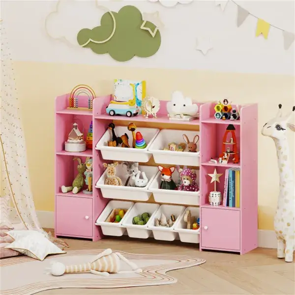 Pink Multi-Functional Kids Storage Shelf - Toy Organizer+Bookcase, 56"x12"x39", Anti-Toppling, 265lbs Capacity