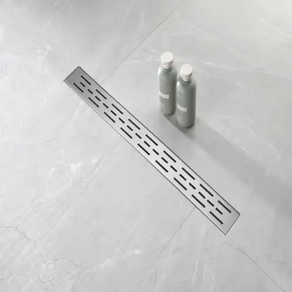 28 Inch Linear Shower Drain With Removable Brick Patterned Grate Cover, 304 Stainless Steel Shower Floor Drain With Hair Strainer And Leveling Feet