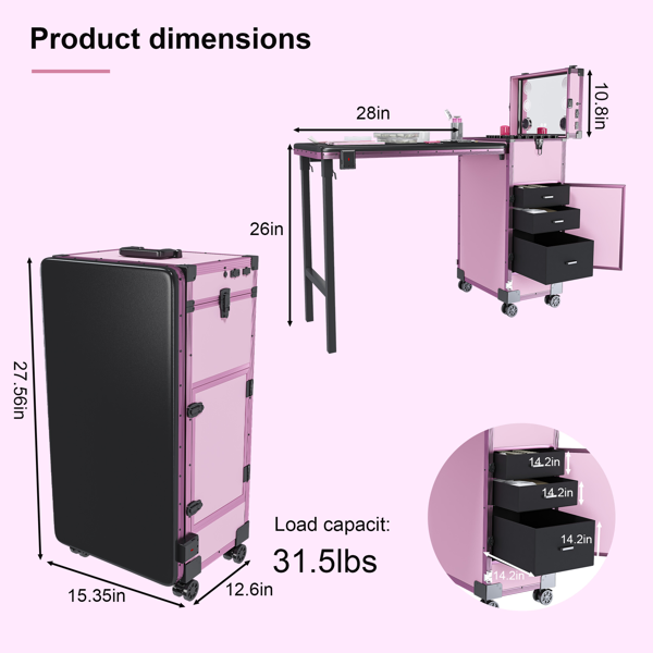Portable Nail Art Table W/ LED Mirror, Bluetooth, Lockable Drawers, Telescopic Pole - Folding Manicure Station For Salons (Pink) 3