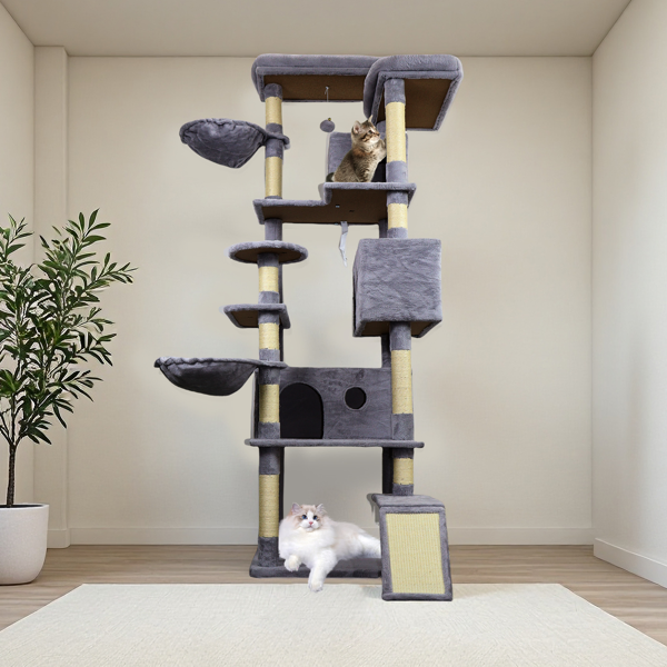 84.6 In Dark Gray Cat Tree Tower With Wide Base, 3 Large Hinding Condo, 11 Sisal Scratching Post, Sisal Scratching Ladder, 2 Hammocks, Large Top Pl... Defaulttitle - Shop at LoveMi
