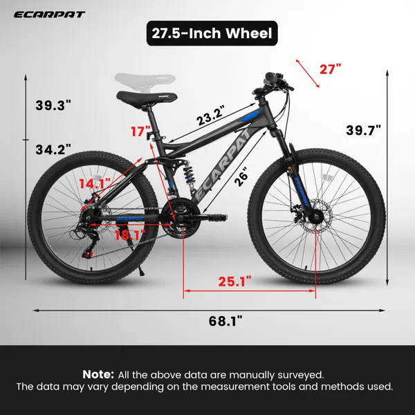 27.5 Inch Full Suspension Mountain Bike, Front And Rear Dual Shock Absorbers, Mechanical Disc Brakes, 21-Speed, Suitable For Men And Women, Ideal For Travel And Fitness Enthusiasts