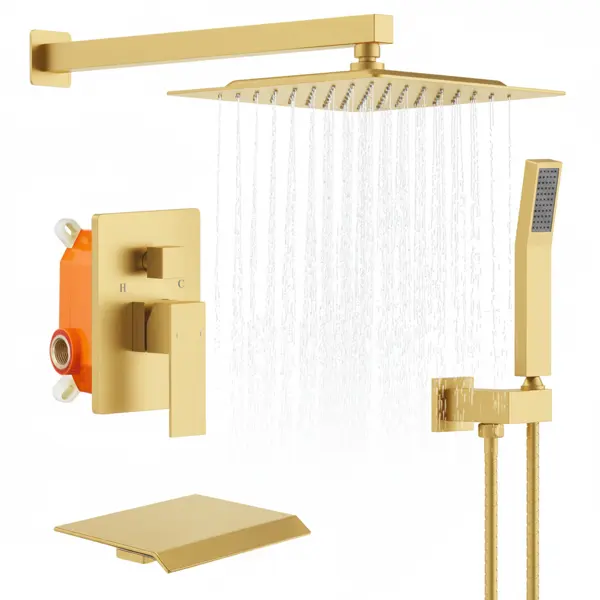 Rain Shower System Brushed Gold Tub Faucet