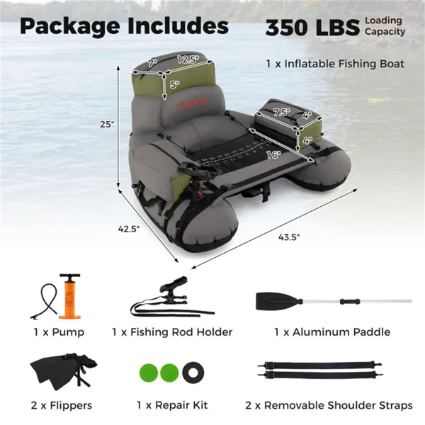 350lbs Inflatable Fishing Float Tube - 2 Air Chambers, Rod Holder+Fish Ruler, Green+Gray