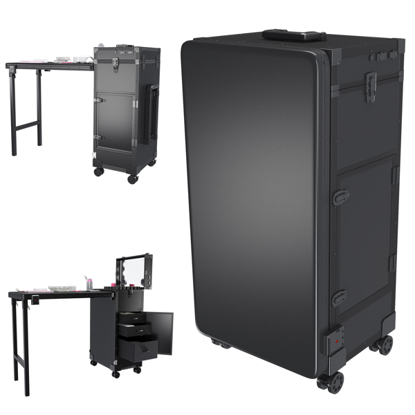 Portable Nail Art Table W/ LED Mirror, Bluetooth, Lockable Drawers, Telescopic Pole - Folding Manicure Station For Salons (Black)