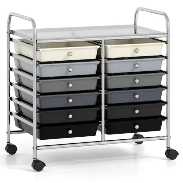 12-Drawer Rolling Storage Cart - 2-Row 10-Storey, Multicolor Drawers, 4 Wheels (2 Brake), -Gray