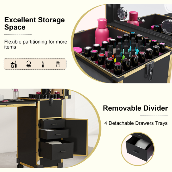 Portable Nail Art Table W/ LED Mirror, Bluetooth, Lockable Drawers, Telescopic Pole - Folding Manicure Station For Salons (black&gold) 5