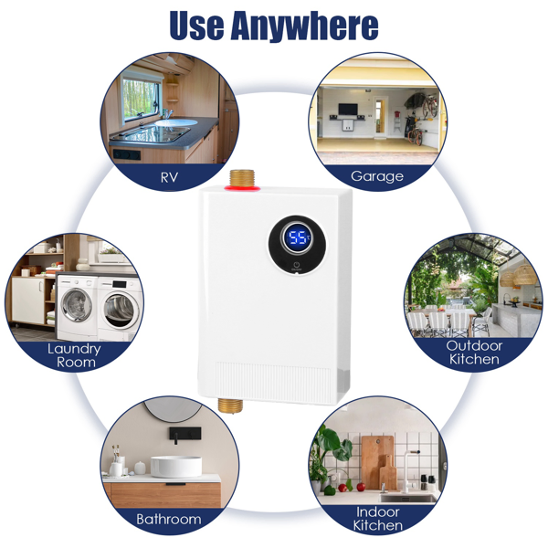 3000W Tankless Water Heater - Instant Hot Water Heater With LCD Display (82.4-131°F/°C Switch), IPX4 Waterproof, Leak/Over-Temp/Dry-Heating Protection, G1/2" Brass Fitting For Hand Washing/Di