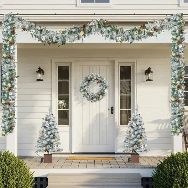 Pre-lit Holiday Christmas 4-Piece Set, Christmas Garland, Wreath And Set Of 2 Entrance Trees With Warm White LED Lights And Remote Control, Artificial Christmas