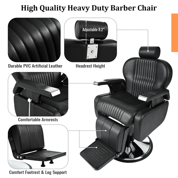 Heavy Duty Reclining Barber Chair,All Purpose Hydraulic Recline Barber Chair Salon Beauty Styling Chair360° Swivel&Height Adjustable,for Barber Shop & Beauty Salon,Spa Tattoo Styling Equipment,Black