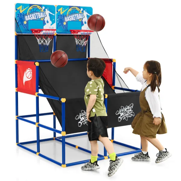 Dual Shot Kids Basketball Arcade Game – 2 Backboards+4 PVC Balls+Pump, 3+ Ages, Black+Blue+Red